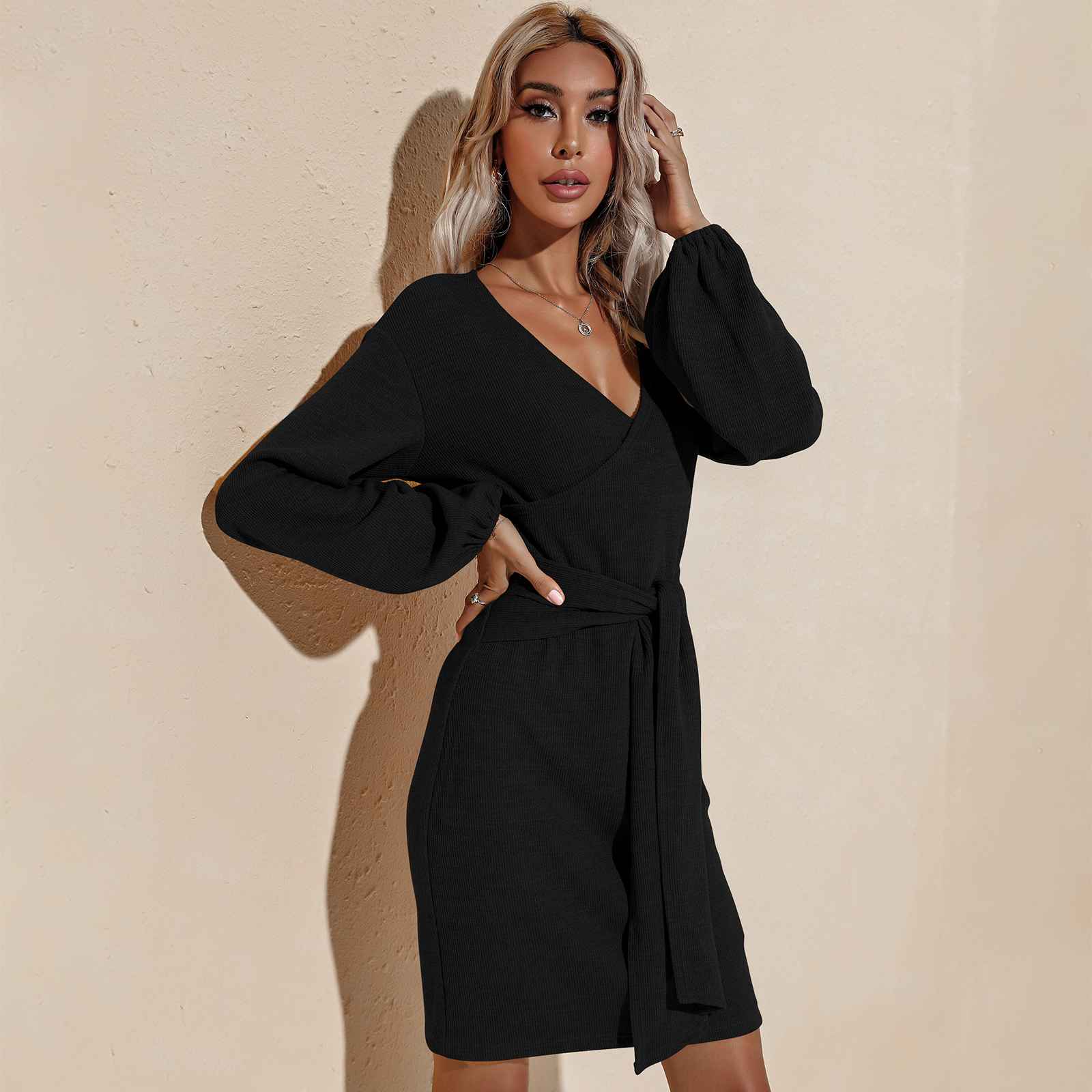 Zooody Spring V Neck Long Sleeve Dresses for Woman