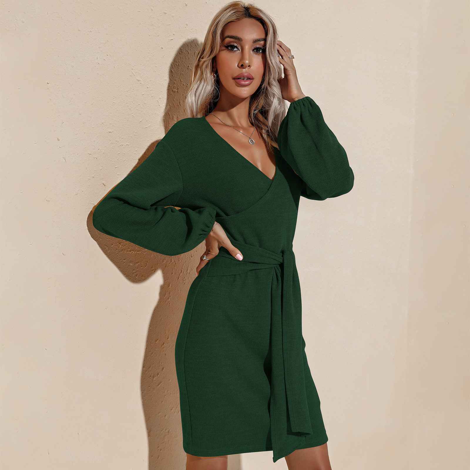 Zooody Spring V Neck Long Sleeve Dresses for Woman
